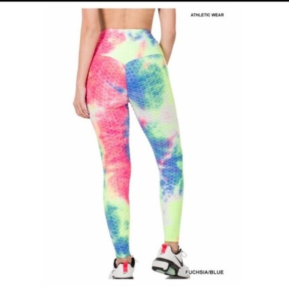 High-Waist Tie-Dye Honeycomb Textured Leggings Fuchsia/Blue Womens Activewear - Picture 2 of 5